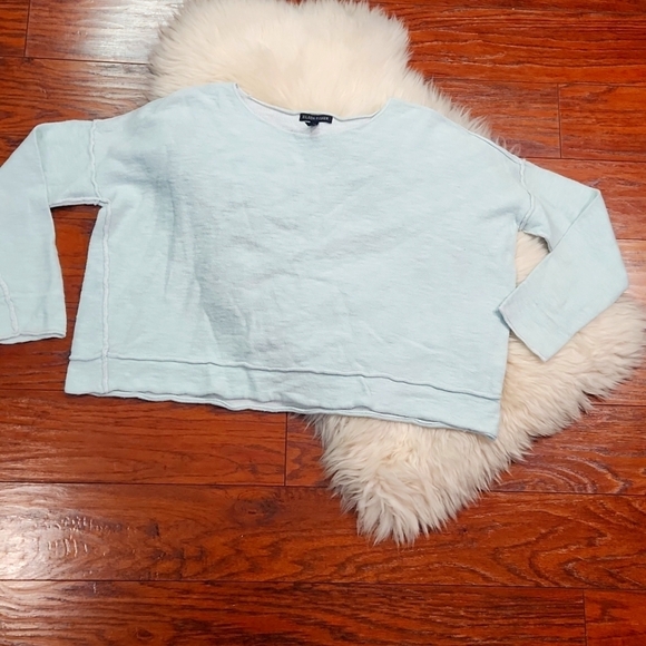 Eileen Fisher Cotton Raw Hem Boxy Crop Ice Blue Knit Sweater - Picture 1 of 5